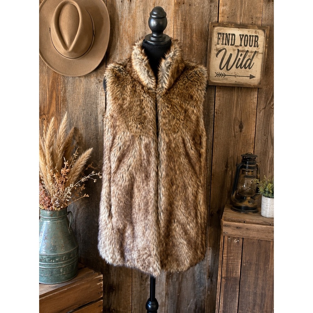 Romeo & Juliet Couture Faux Fur Long Vest Size Medium Brown Boho Western Luxe